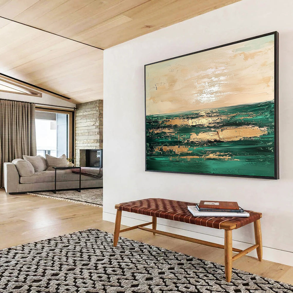 “Coastal Abstract with Gold” - Green, Gold, Coastal Landscape Painting On Canvas HB0888