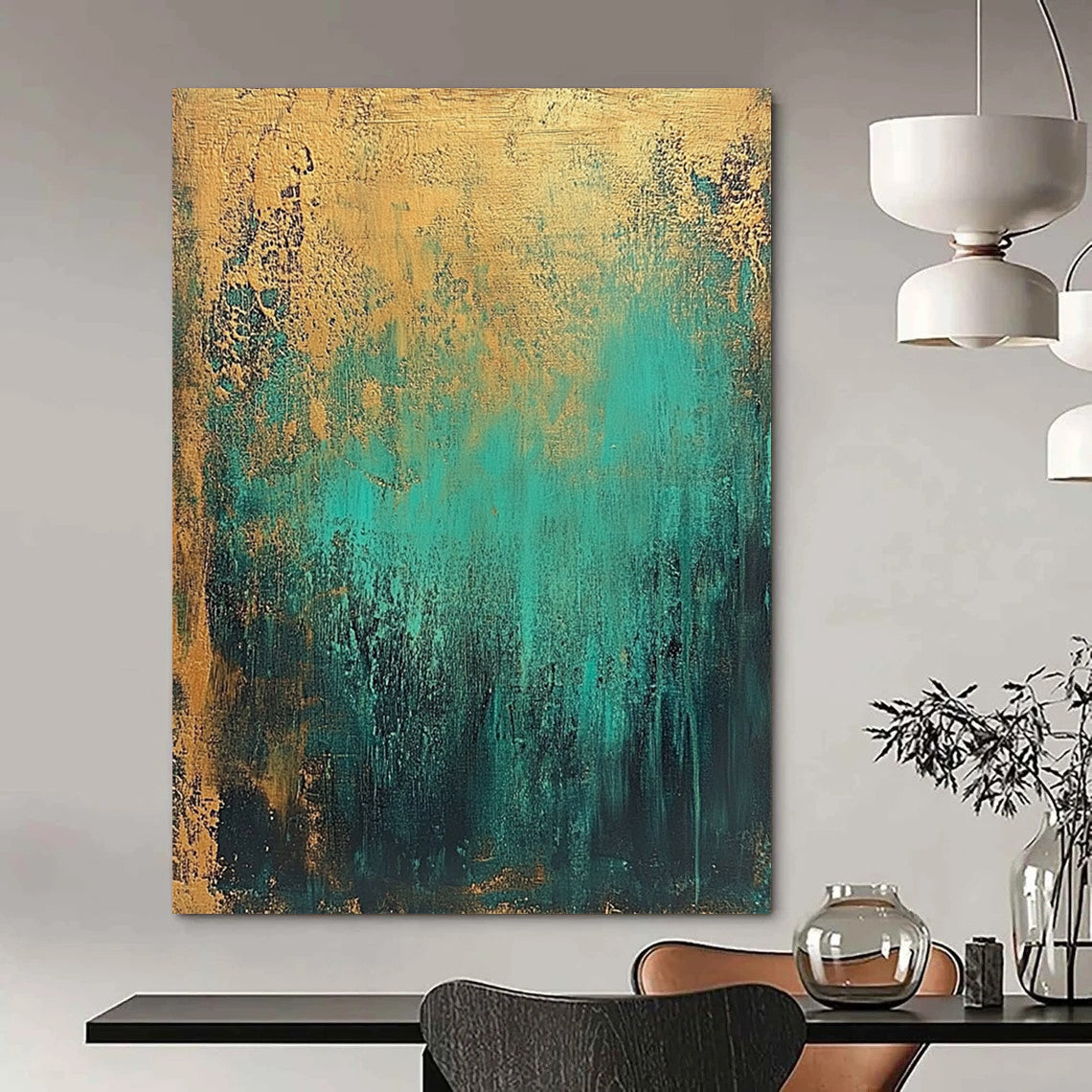 Contemporary hand-painted abstract artwork featuring textured teal and gold tones creates an atmospheric dreamlike effect with depth and elegance. DLZ1066
