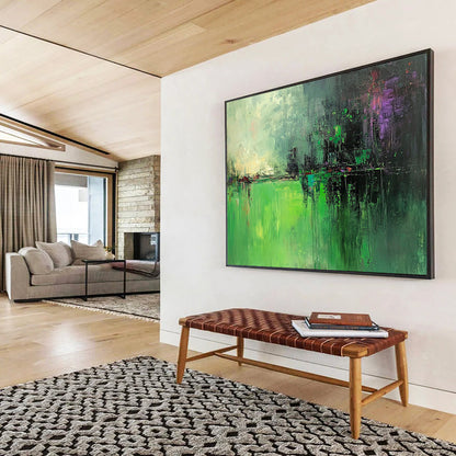 “Green Abstract Landscape” - Green, Purple, Gray, Abstract Landscape Painting On Canvas HB0989