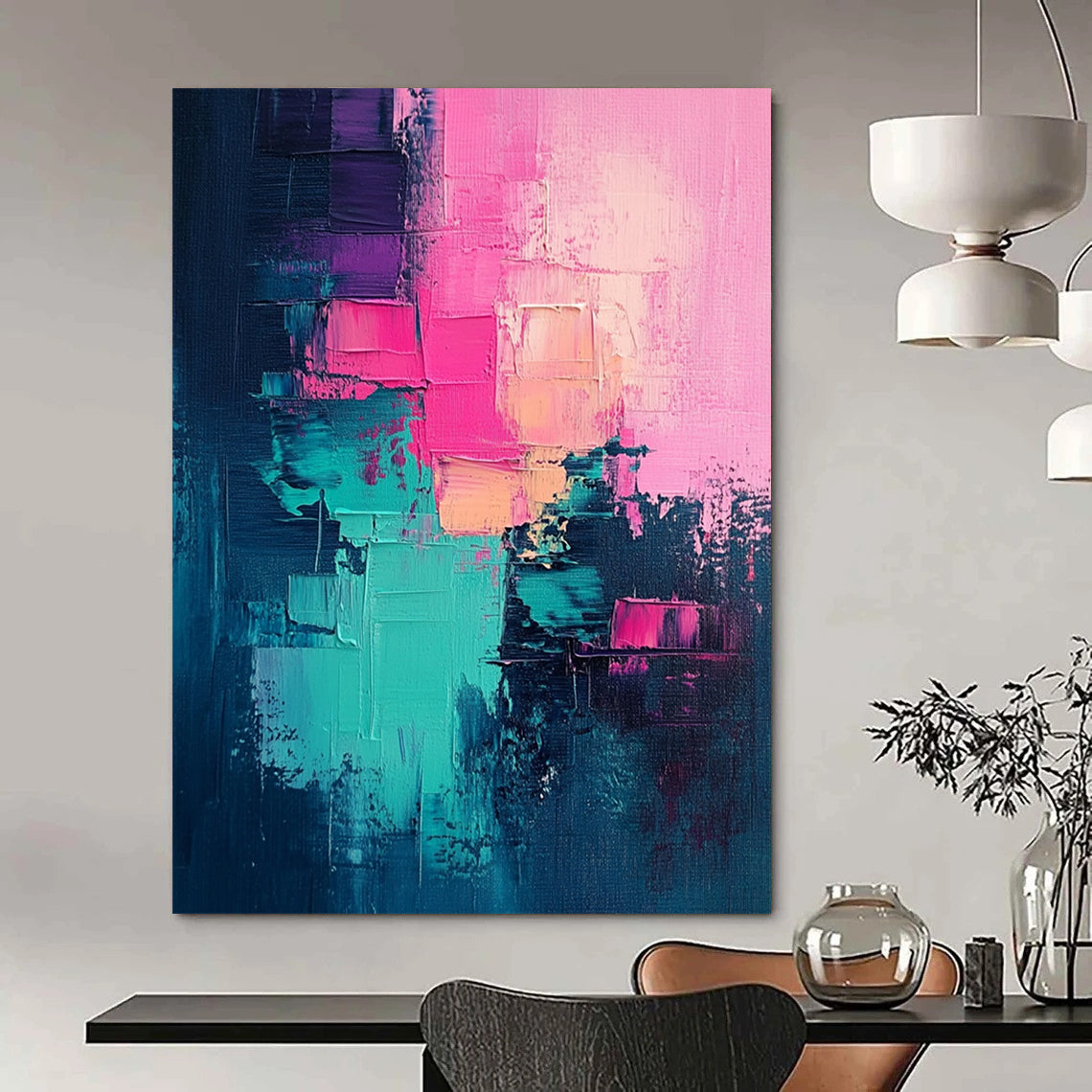 Contemporary large hand-painted abstract artwork featuring a vibrant color palette of pink teal and magenta for a striking visual impact. DLZ0703
