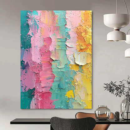 Contemporary hand-painted abstract artwork featuring vibrant pink green yellow and teal layers with textured brushstrokes and the word blessed at its center. DLZ1248