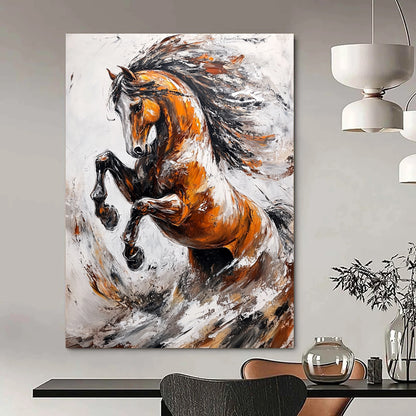 Contemporary abstract artwork featuring an elegant wild horse rearing up against splashes and waves in a dynamic light gray and brown palette. DLZ1665