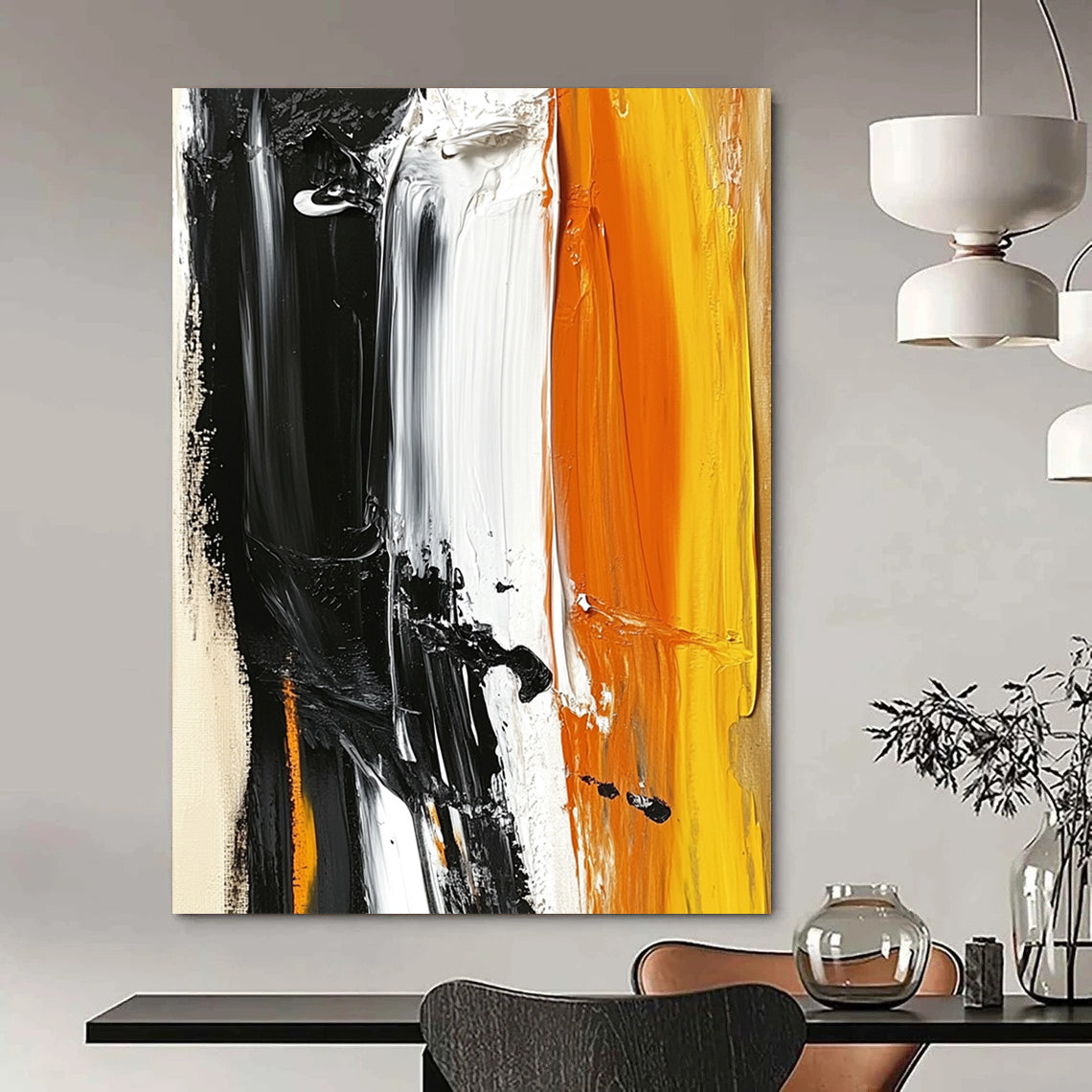 Large contemporary hand-painted abstract artwork featuring striking black white and orange with accents of light yellow on a beige background. DLZ0526