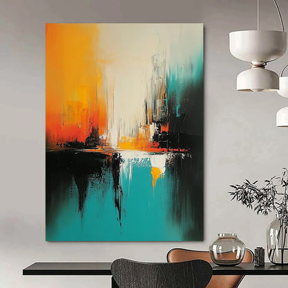 Impressionistic abstract painting featuring turquoise and black brush strokes with white space and vibrant orange and yellow hues creating a nature-inspired immersive experience. DLZ0541