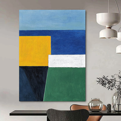 Contemporary hand-painted abstract art featuring blue white and yellow geometric shapes with a minimalist style of yellow green and navy colors. DLZ1320