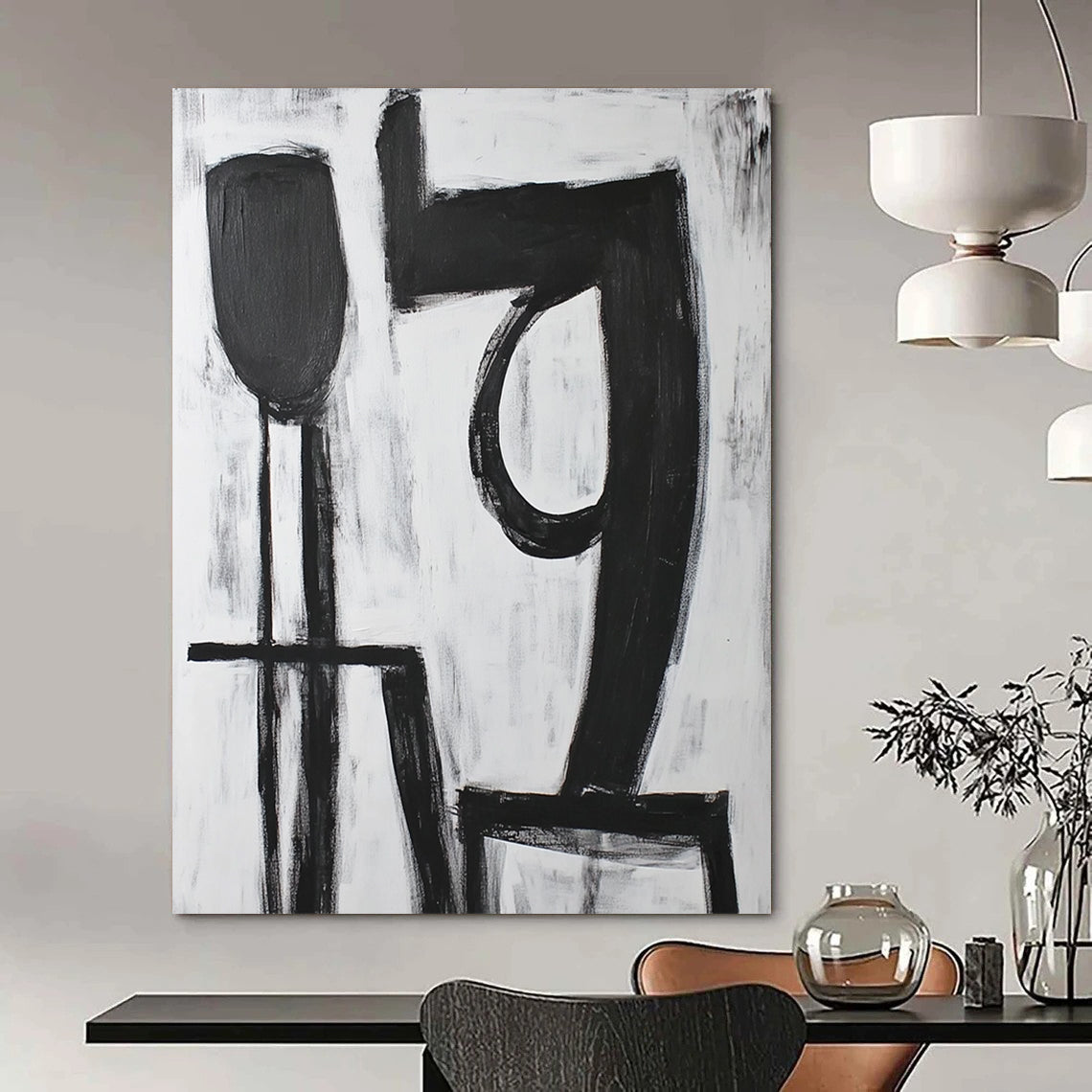 Contemporary hand-painted abstract artwork featuring bold black "9" strokes with a large 'A' shape in front on a pure white background. DLZ1540