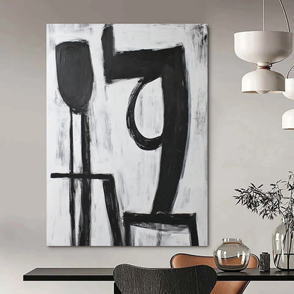 Contemporary hand-painted abstract artwork featuring bold black "9" strokes with a large 'A' shape in front on a pure white background. DLZ1540