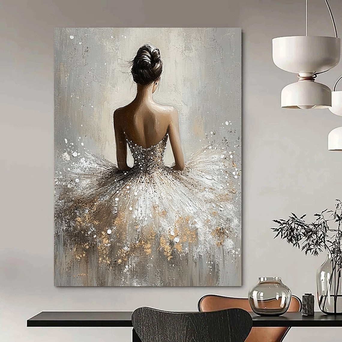 Contemporary abstract painting featuring a graceful ballerina in a shimmering dress with a soft grey background and ethereal romantic lighting. DLZ1663