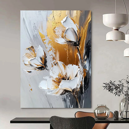 Contemporary abstract artwork featuring gold and white flowers on a grey background with expressive white brush strokes, emphasizing a textured palette knife technique. DLZ0386
