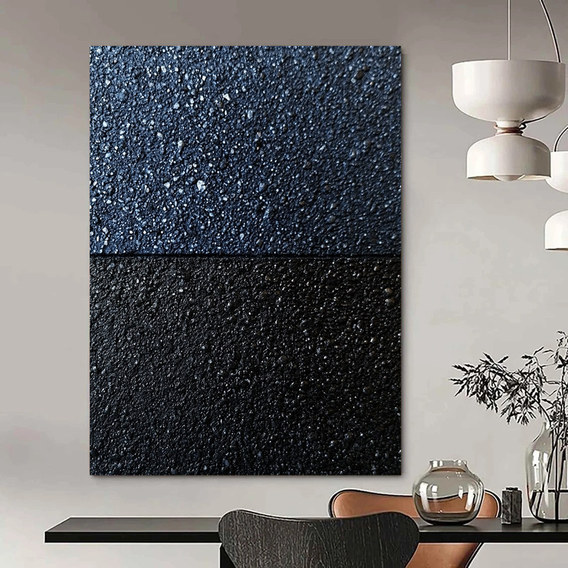 Contemporary abstract art featuring ultra-detailed asphalt textures in dark blue and gray, highlighting depth and contrast in a unique artistic expression. DLZ1201