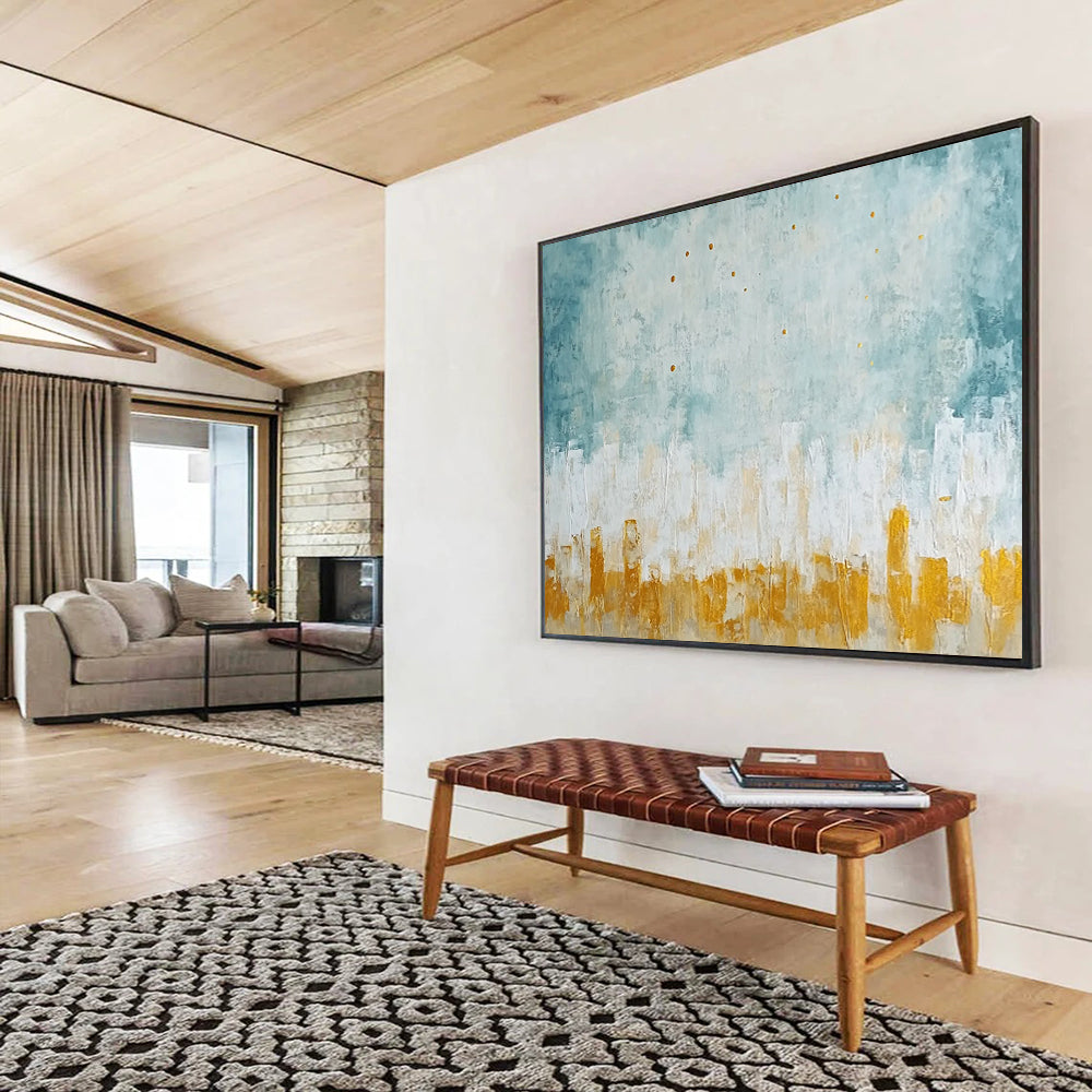 “Blue - Gray Cityscape with Gold Dots” - Blue, Gray, Gold, Abstract Cityscape Painting On Canvas HB1092