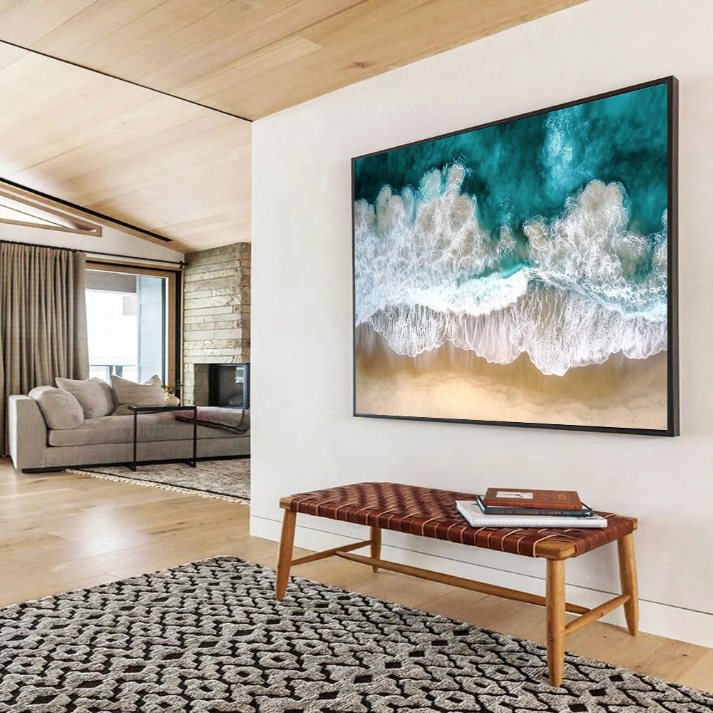 “Aerial Ocean Waves” - Turquoise, Whites, Browns, Aerial View of Ocean Waves on Beach - Photography Art HB1761