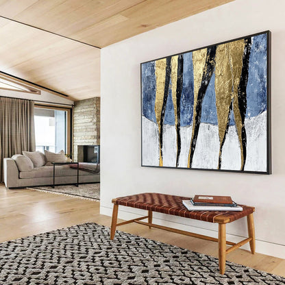 “Gold Black Stripes on Blue White” - Gold, Black, Blue, White, Striped Forms - Painting On Canvas HB1416