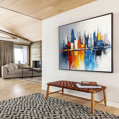 “Colorful Cityscape Reflection” - Colorful, Urban Skyscrapers, Reflection in Water Painting On Canvas HB0848