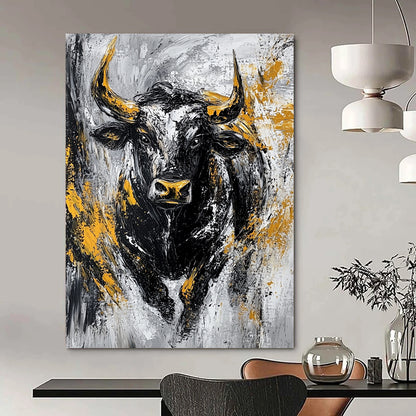 Bold contemporary abstract painting featuring an aggressive bull in textured black and gold against a striking grey background. DLZ0885