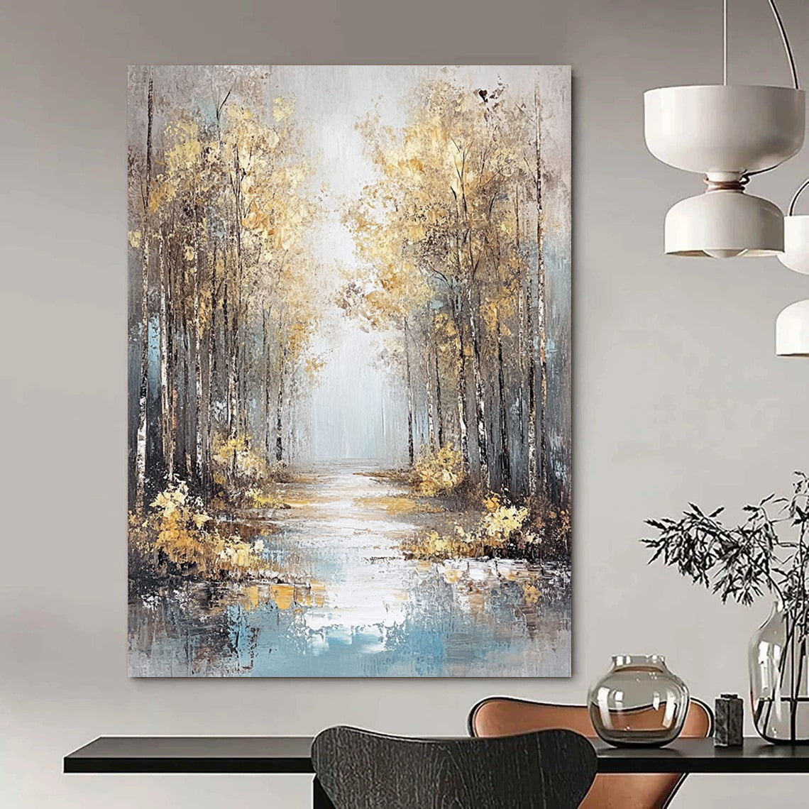 Contemporary hand-painted abstract artwork featuring an autumn forest in gold and orange shades with a reflective water foreground and misty atmosphere. DLZ1472