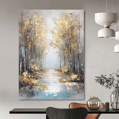 Contemporary hand-painted abstract artwork featuring an autumn forest in gold and orange shades with a reflective water foreground and misty atmosphere. DLZ1472