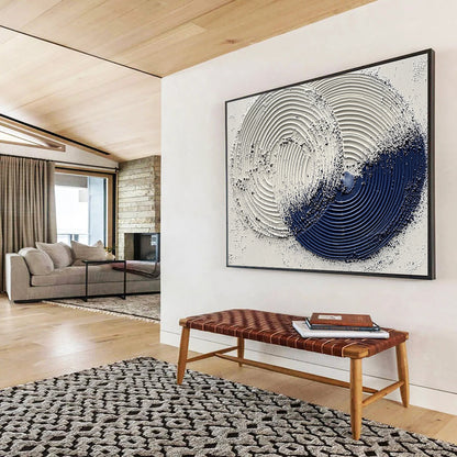 “Textured Circular Abstract” - White, Navy Blue with Raised Circles - Painting On Canvas HB1385
