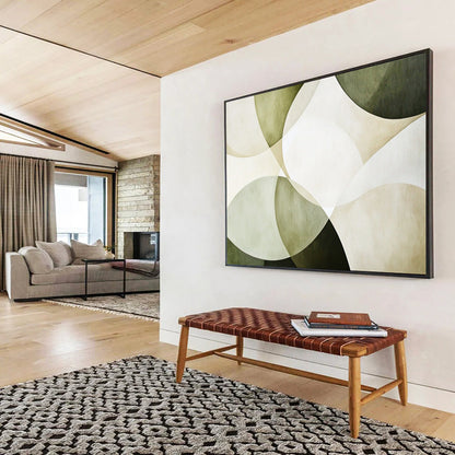 “Green - Beige Overlapping Circles” - Green, Beige, White with Circular Layers - Abstract Acrylic HB1361