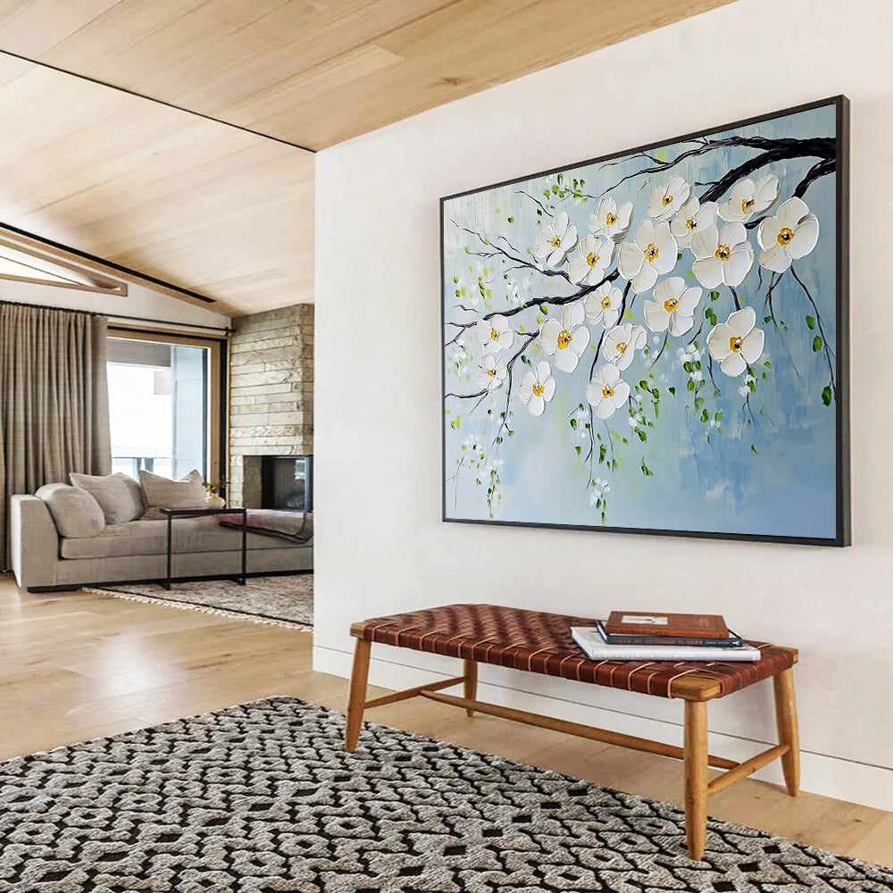 “White Blossoms on Branches” - White, Yellow, Green, Blue, White Blossoms on Branches - Impasto Oil Painting HB1785