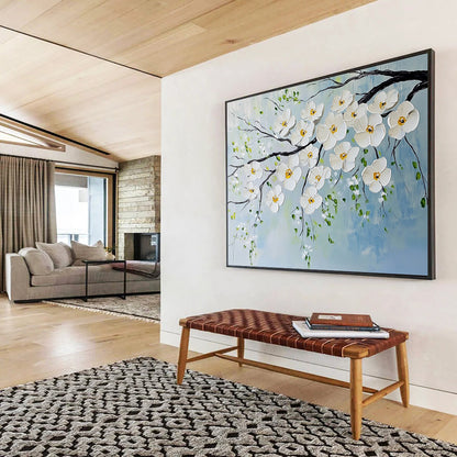 “White Blossoms on Branches” - White, Yellow, Green, Blue, White Blossoms on Branches - Impasto Oil Painting HB1785