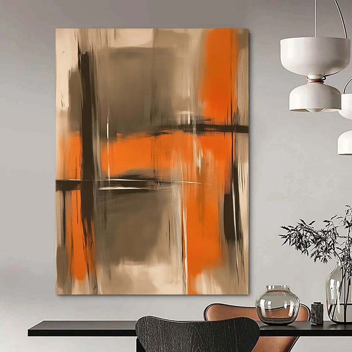 Contemporary hand-painted abstract artwork featuring soft oranges and grays with blurred figures and a grainy texture for a hazy atmospheric effect. DLZ1015