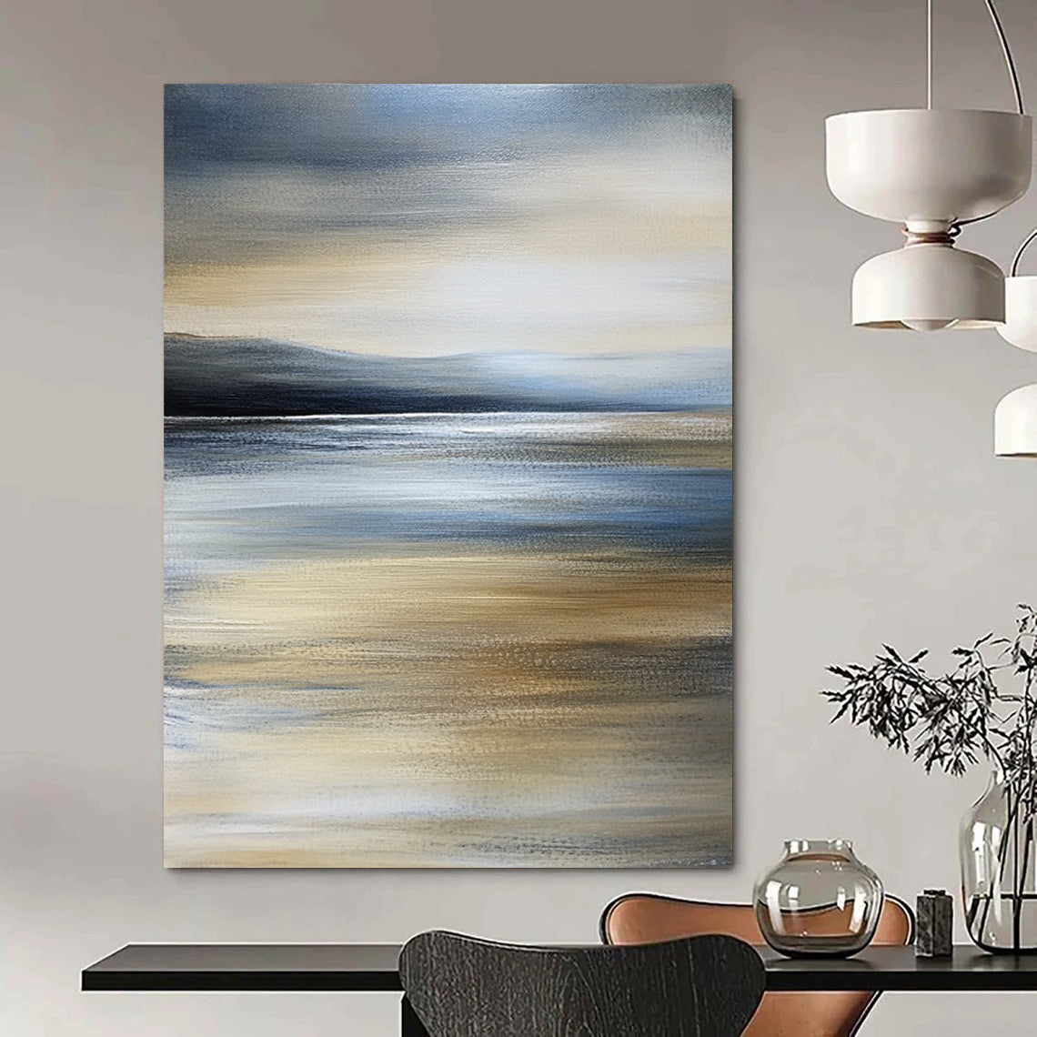 Contemporary hand-painted abstract art captures a tranquil beach scene with calm sea and an overcast sky in soothing shades of grey and blue. DLZ0999