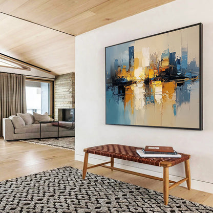 “Golden Skyline” - Blues, golds, whites; Abstract cityscape glowing at dusk; Impasto Oil Painting On Canvas HB1180