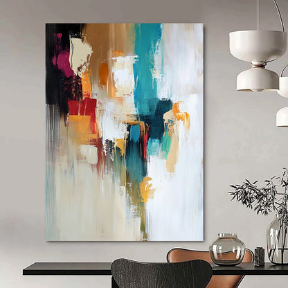 Contemporary hand-painted abstract art with soft colors and thick brushstrokes featuring beige, white, teal, green, orange, and brown tones. DLZ1055