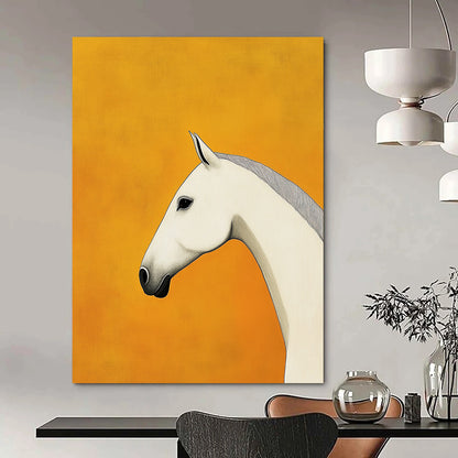 Contemporary hand-painted abstract art featuring a minimalist white horse design on a tranquil yellow background with clean lines and high-definition details. DLZ1513