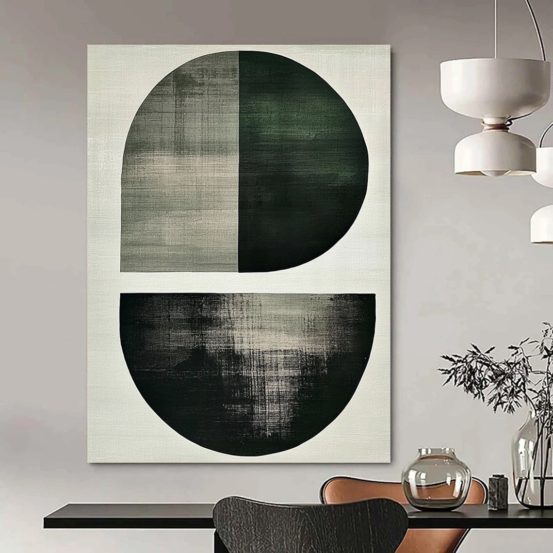 Contemporary abstract art featuring minimalist Japandi style with large green and grey shapes a central oval and umber half-circle on a white background. DLZ1617