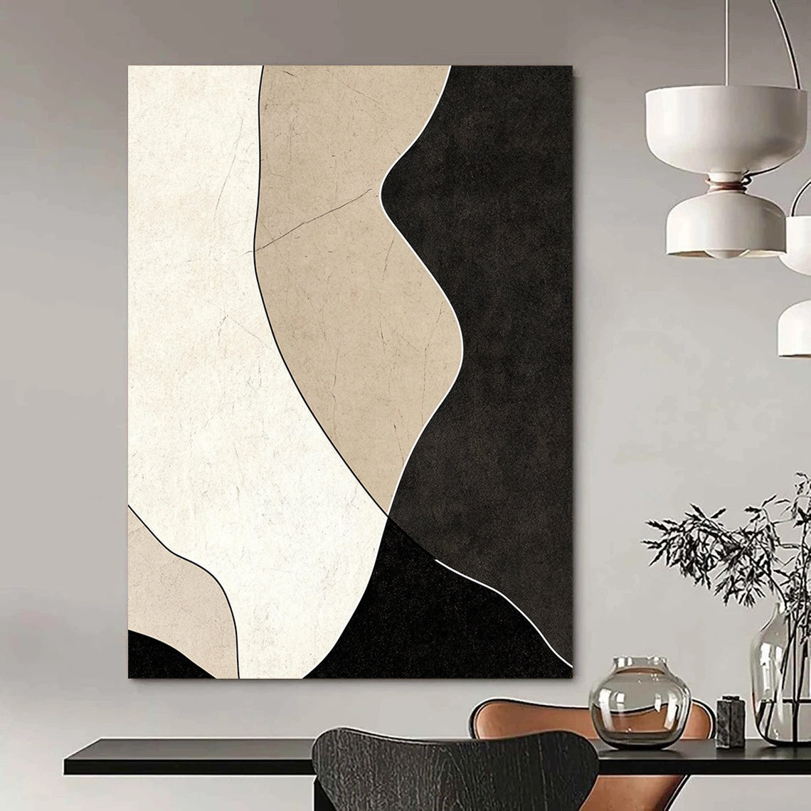 Contemporary abstract painting featuring black and beige shapes on a dark gray background with textured details and smooth curves for a modern aesthetic. DLZ1194
