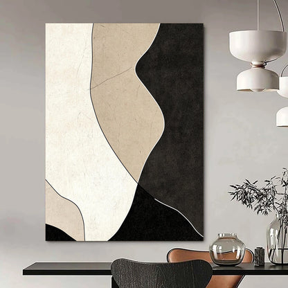 Contemporary abstract painting featuring black and beige shapes on a dark gray background with textured details and smooth curves for a modern aesthetic. DLZ1194