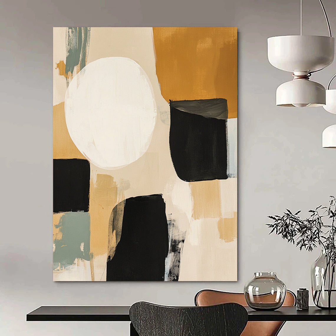 Contemporary hand-painted abstract art features beige black and sage green shapes with a large white circle and expressive brush strokes in mixed media. DLZ0794