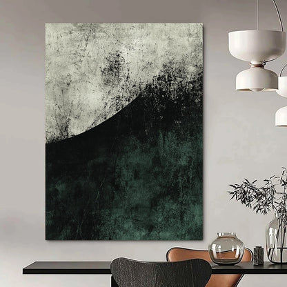 Contemporary abstract artwork featuring a large dark green and grey half circle with textured brushwork and strong negative space in muted tones. DLZ0809