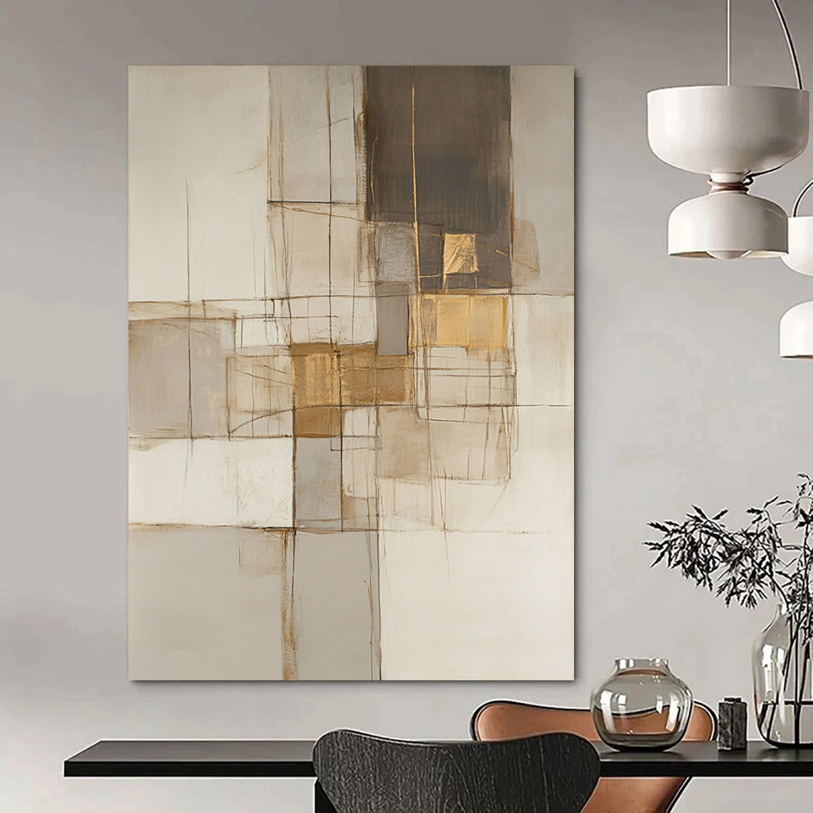 Large contemporary hand-painted abstract artwork featuring neutral tones with lines and squares accented in gold, beige, gray, and white. DLZ0923