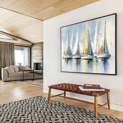 “Blue and Gold Sailboats” - Light Blues, Golds, Whites, Sailboats on Reflective Water - Impasto Oil Painting HB1734