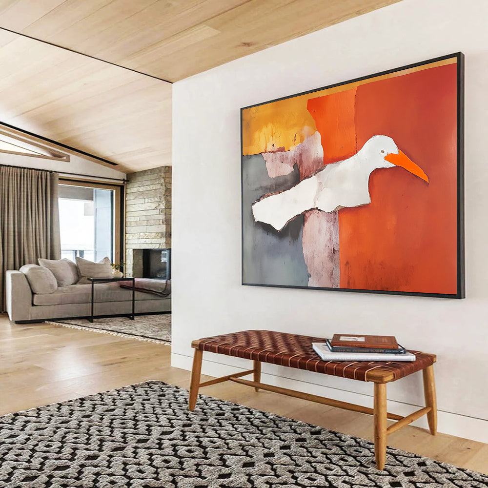 “Collage Bird” - Orange, gray, purple, white; Abstract bird collage; Mixed Media Painting On Canvas HB1209