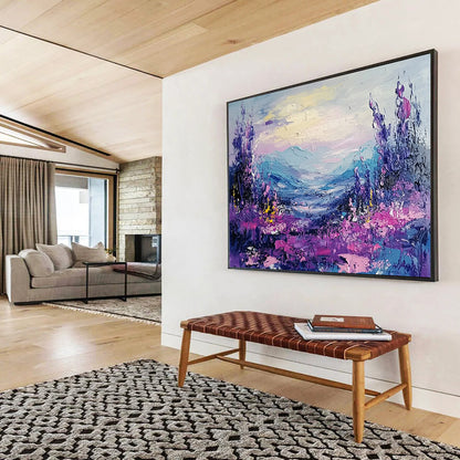 “Vibrant Purple Valley” - Lush Purples, Pinks, and Blues, Textured Mountain Valley with Floral Details Painting On Canvas HB0908