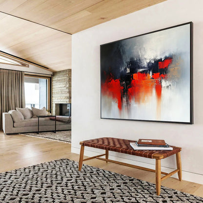 “Dark Urban Abstract” - Gray, black, red, orange; Moody abstract cityscape; Oil Painting On Canvas HB1208