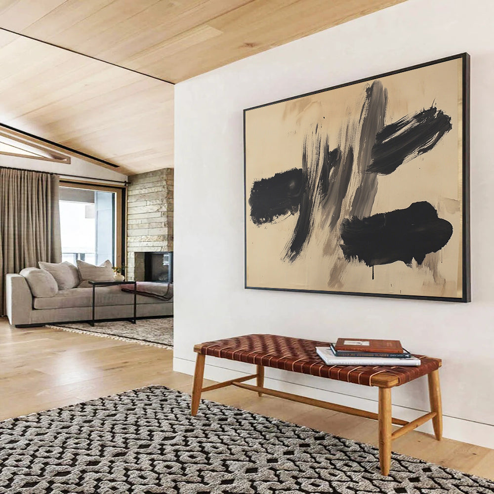 “Subtle Black - Beige Marks” - Black, Gray, Beige, Minimalist Brushstrokes - Ink Painting HB1629