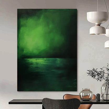 Contemporary hand-painted abstract artwork capturing serene deep greens and blues of the sea, evoking tranquility and minimalist beauty. DLZ1243