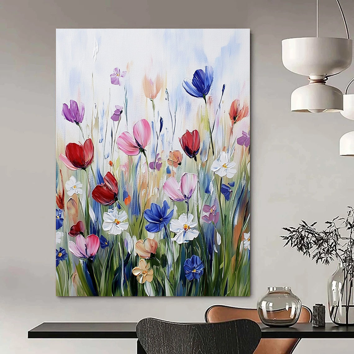 Contemporary hand-painted abstract artwork featuring vibrant wildflowers in soft brushstrokes, showcasing a harmonious color scheme on textured paper. DLZ1496