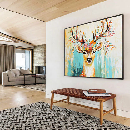 “Floral - Antlered Deer” - Yellow, Blue, Colorful Flowers, Deer Portrait - Whimsical Acrylic Painting HB1677