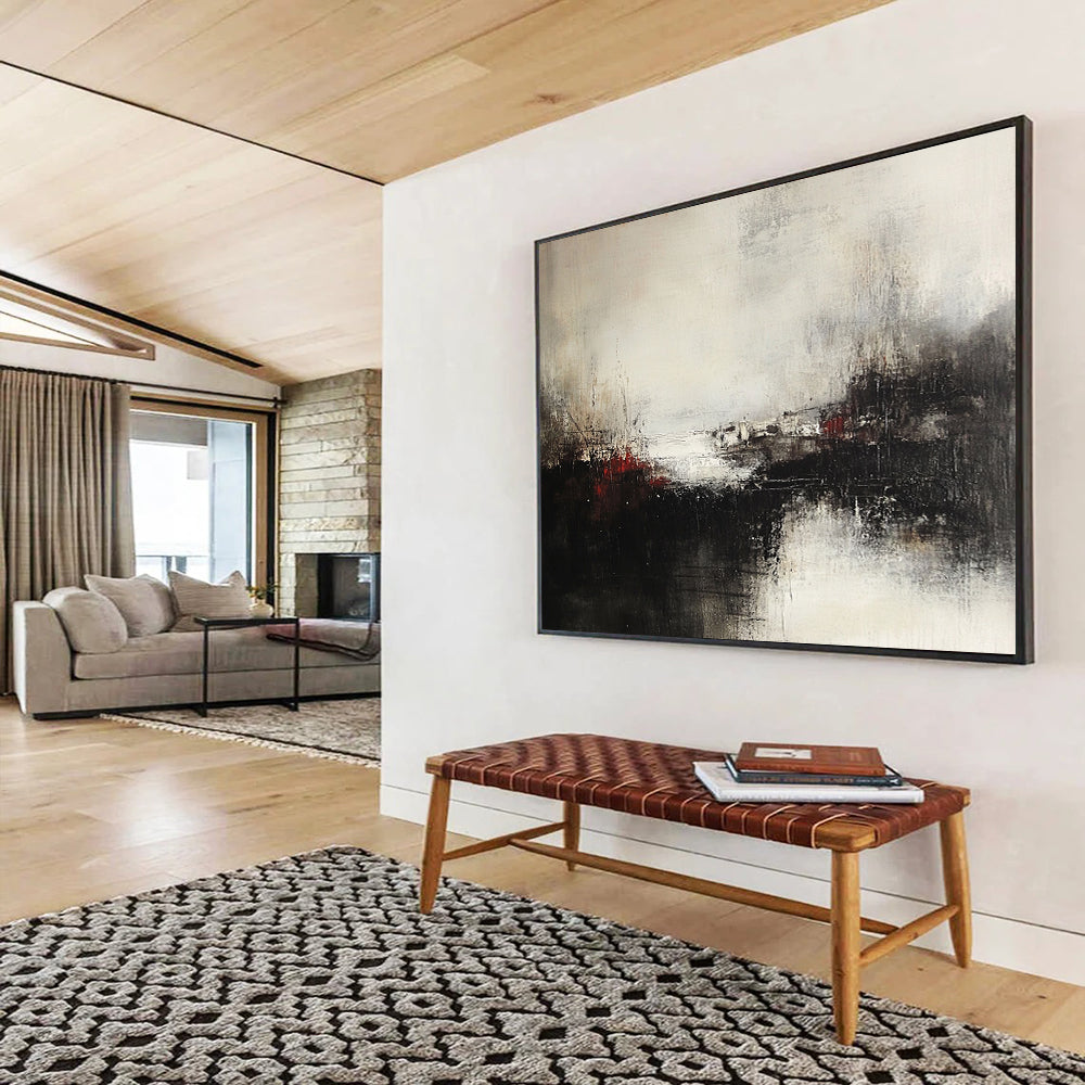 Black, White, and Red Abstract Landscape - “Moody Terrain” Painting On Canvas HB1450