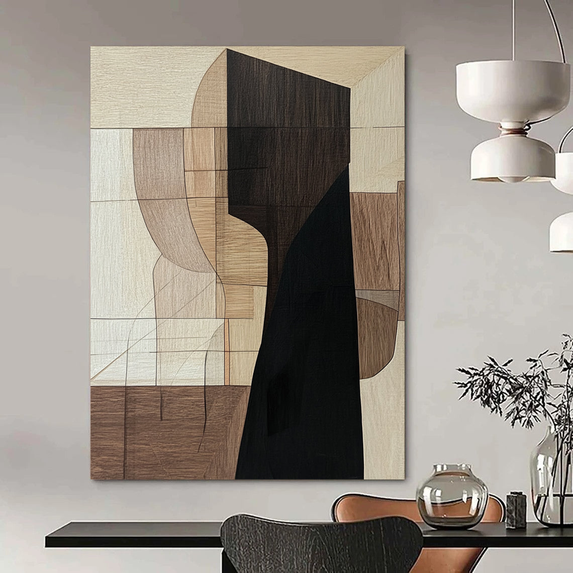 Contemporary hand-painted abstract art featuring a dominant elongated black wooden shape with earthy shades and a mysterious shadowy presence. DLZ0855