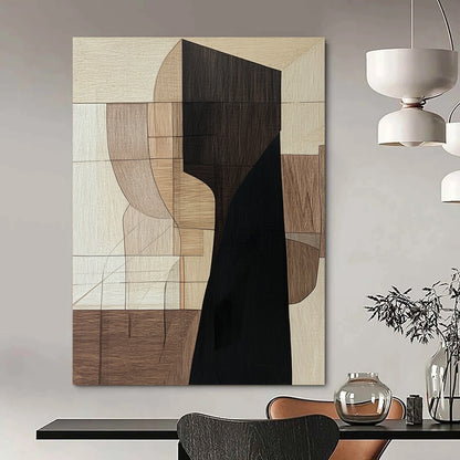 Contemporary hand-painted abstract art featuring a dominant elongated black wooden shape with earthy shades and a mysterious shadowy presence. DLZ0855