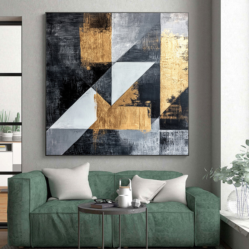 Dark Gray, Gold, Light Gray, White with Angular Shapes "Dynamic Geometry" Abstract Painting On Canvas HB013