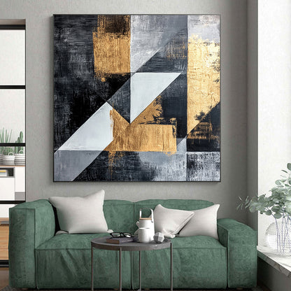 Dark Gray, Gold, Light Gray, White with Angular Shapes "Dynamic Geometry" Abstract Painting On Canvas HB013