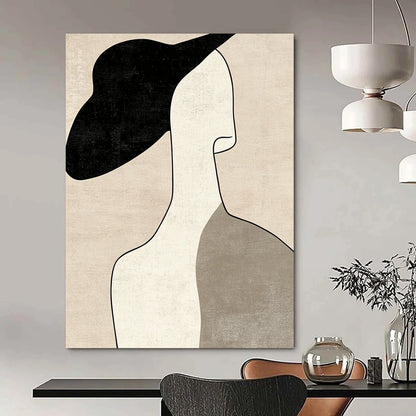 Contemporary minimalist art featuring a woman's profile with a hat in neutral tones and visible brush strokes on a beige background. DLZ1614